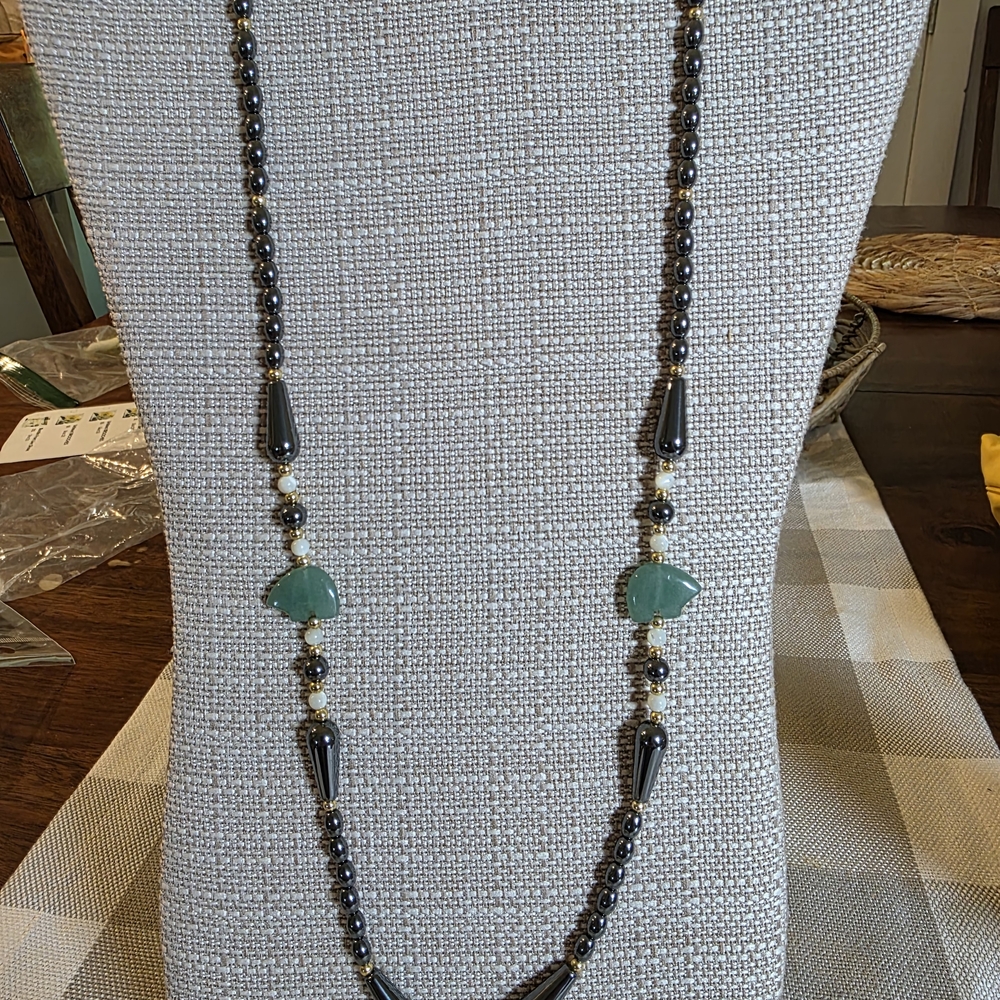 Hematite And Jade Beaded Bear Accent Necklace
